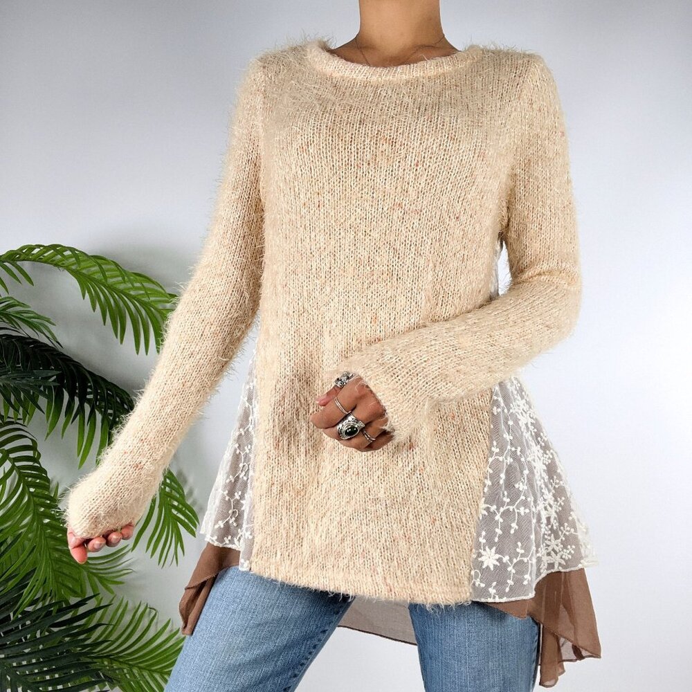 Women's Vintage Beige Boho Cottagecore Knit Fuzzy Lace Sweater Tunic Top / Small